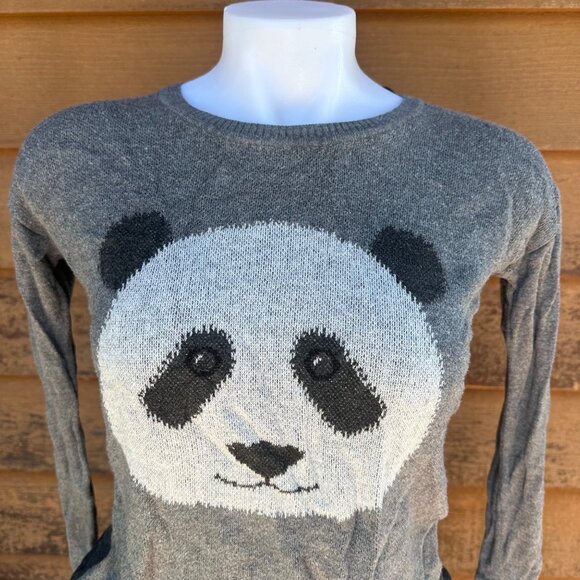 Kensie Gray Long Sleeve Sweater With Panda Face Graphic Womens Size S Cotton Ble - Picture 5 of 9